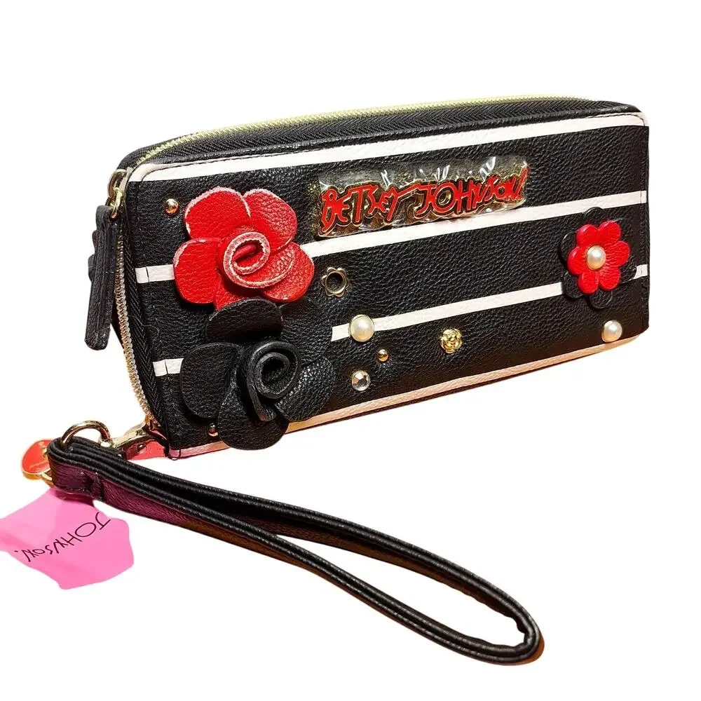 Betsey Johnson NEW zip around wristlet wallet faux leather w roses striped bling - Picture 1 of 13